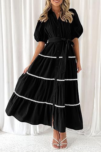 maoxiangshop 2024 Women's Clothing Puff Sleeve Lace Layered Pleated Short-sleeved Shirt Dress