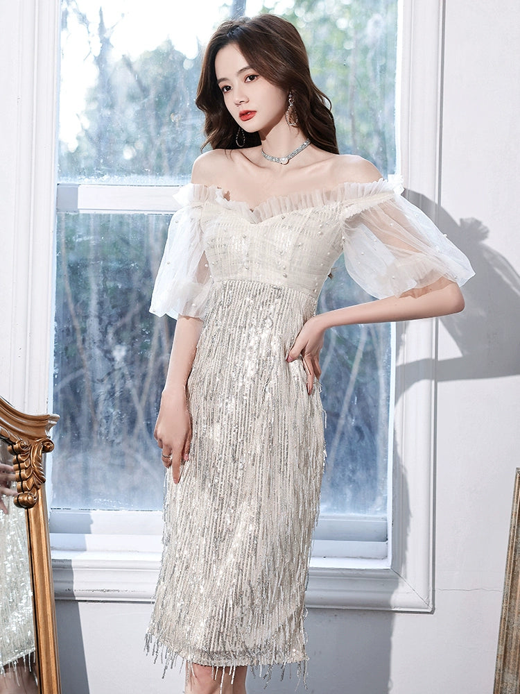One-word shoulder champagne evening dress dress women new birthday party small people can usually wear host autumn