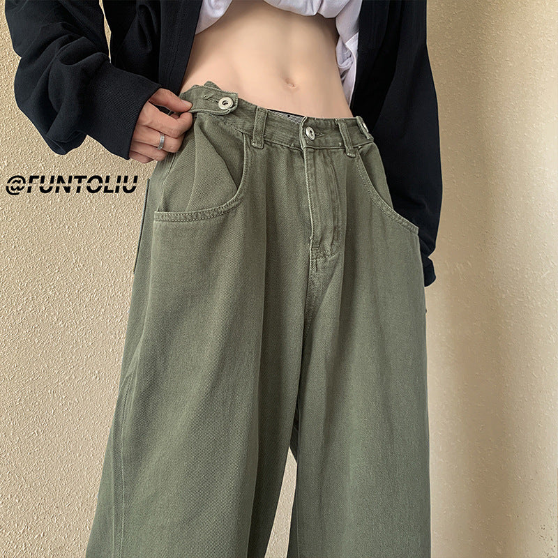 maoxiangshop-shop boy outfits American Retro Vibe Pants Ins High Street Army Green Jeans Men's Loose Straight Japanese Overalls