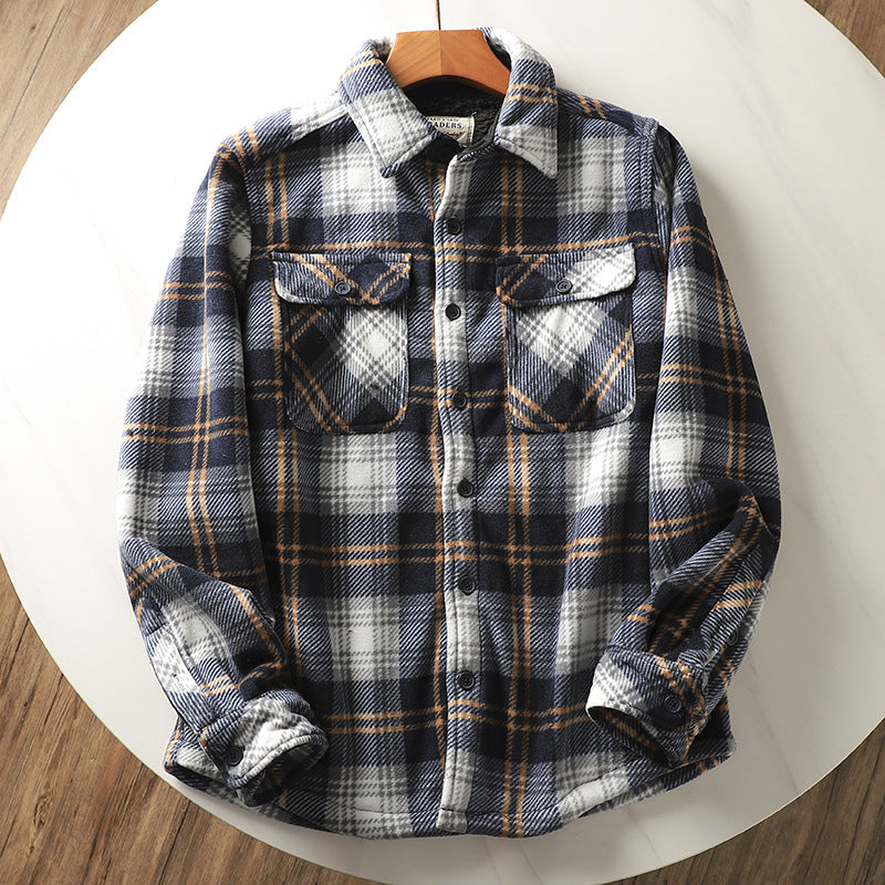 maoxiangshop-shop fall mens outfits Autumn and Winter Men's Fleece-lined Thickened Warm Loose Lamb Wool Flannel Plaid Shirt