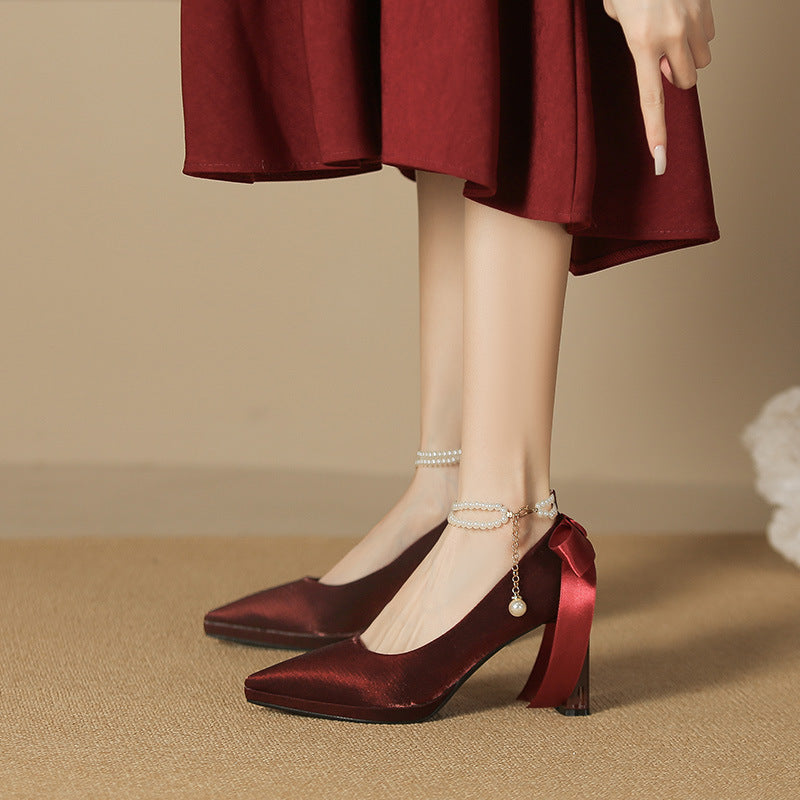 2025 8066-7 temperament suede pointed thick heel high heels women's bow pearl waterproof table high heel single shoes