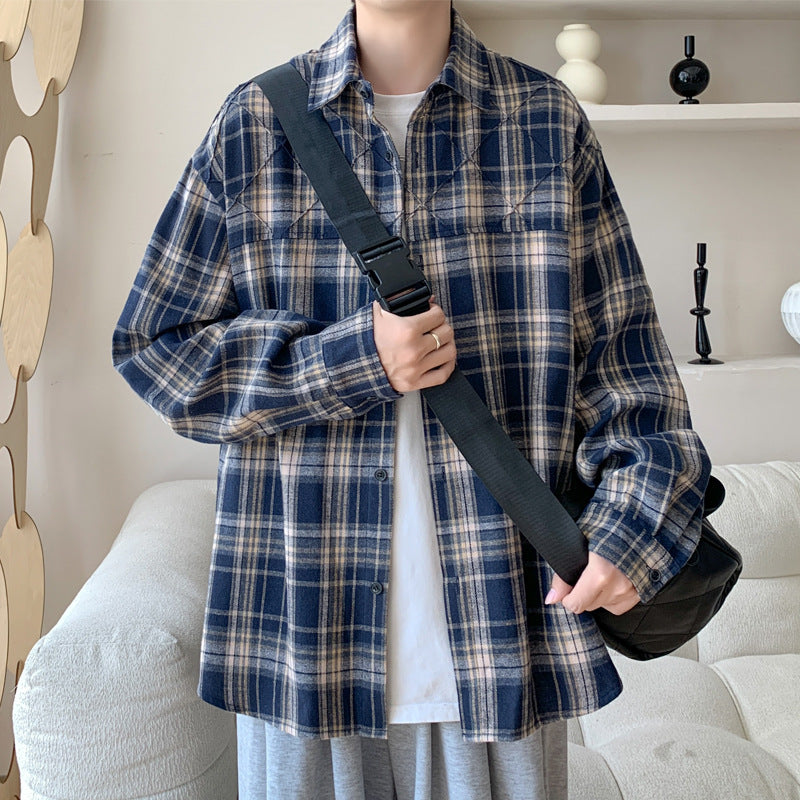 maoxiangshop-shop mens fall outfits Plaid Shirt Men's New Four Seasons Loose Retro Brushed Long Sleeve Shirt Korean Casual plus Size Coat