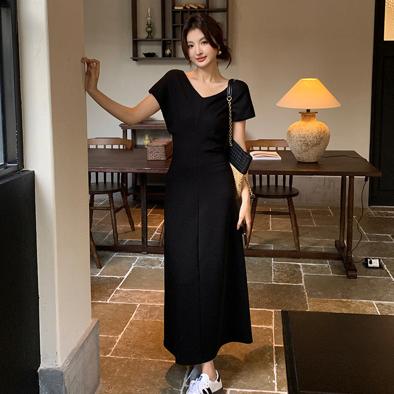 2025 popular autumn new temperament elegant solid color V-neck high waist short sleeve thin dress children 88118