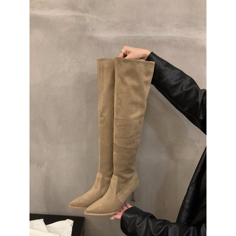 2025 High Heel Khaki Over Knee Pile Boots Women's Shoes popular New Autumn and Winter Pointed Skinny Long Knight Boots
