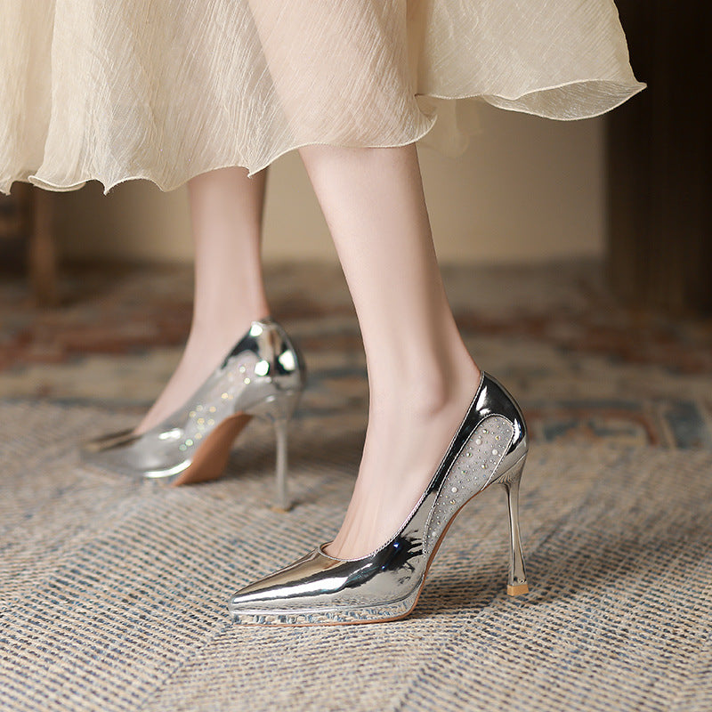2025 1166-3 pointed-toed stiletto high heels for women 2025 new sexy rhinestone pearl waterproof table single shoes for women