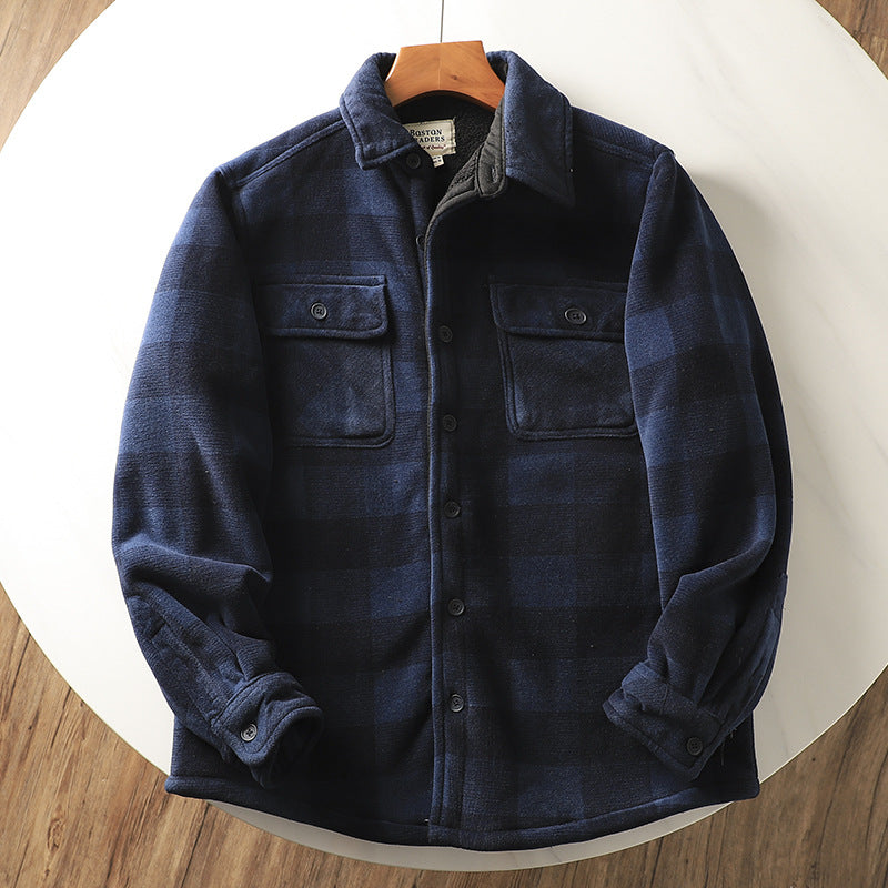 maoxiangshop-shop fall mens outfits Autumn and Winter Men's Fleece-lined Thickened Warm Loose Lamb Wool Flannel Plaid Shirt