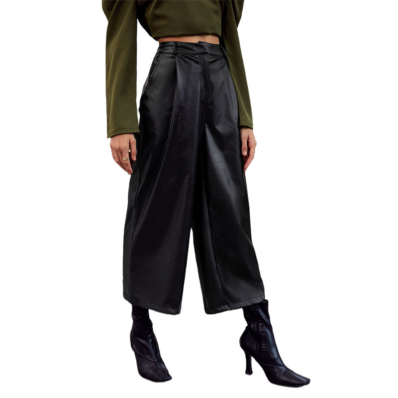 maoxiangshop 2000s fashion Autumn and Winter Loose Leather Pants Personality Harem Trousers Straight Pants Black Wide Leg Pants
