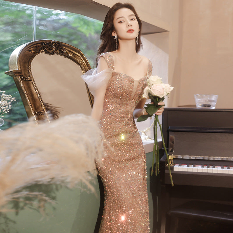 Banquet evening dress fishtail skirt 2025 new spring light luxury niche sequins annual meeting host performance dress skirt