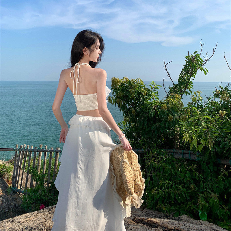 2025 Lace lace ruffle edge suspender skirt women's summer sexy big halter seaside vacation neck long dress