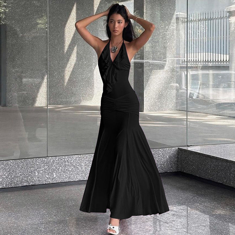 women's clothing summer new solid color slim high waist fashion halter neck sexy backless dress female