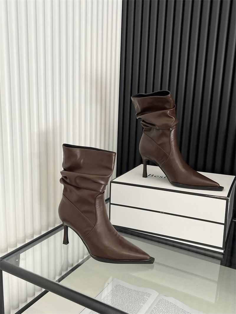 2025 retro short boots women's popular autumn and winter new hot girl sexy soft leather thin heel pointed heap high heel boots