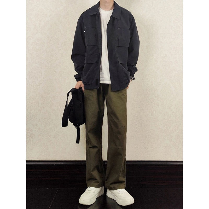 maoxiangshop-shop boy outfits Green Pu Handsome Pants Men's Spring and Autumn Japanese Retro Wide-Leg Pants Fashion Brand Straight Loose Casual Trousers