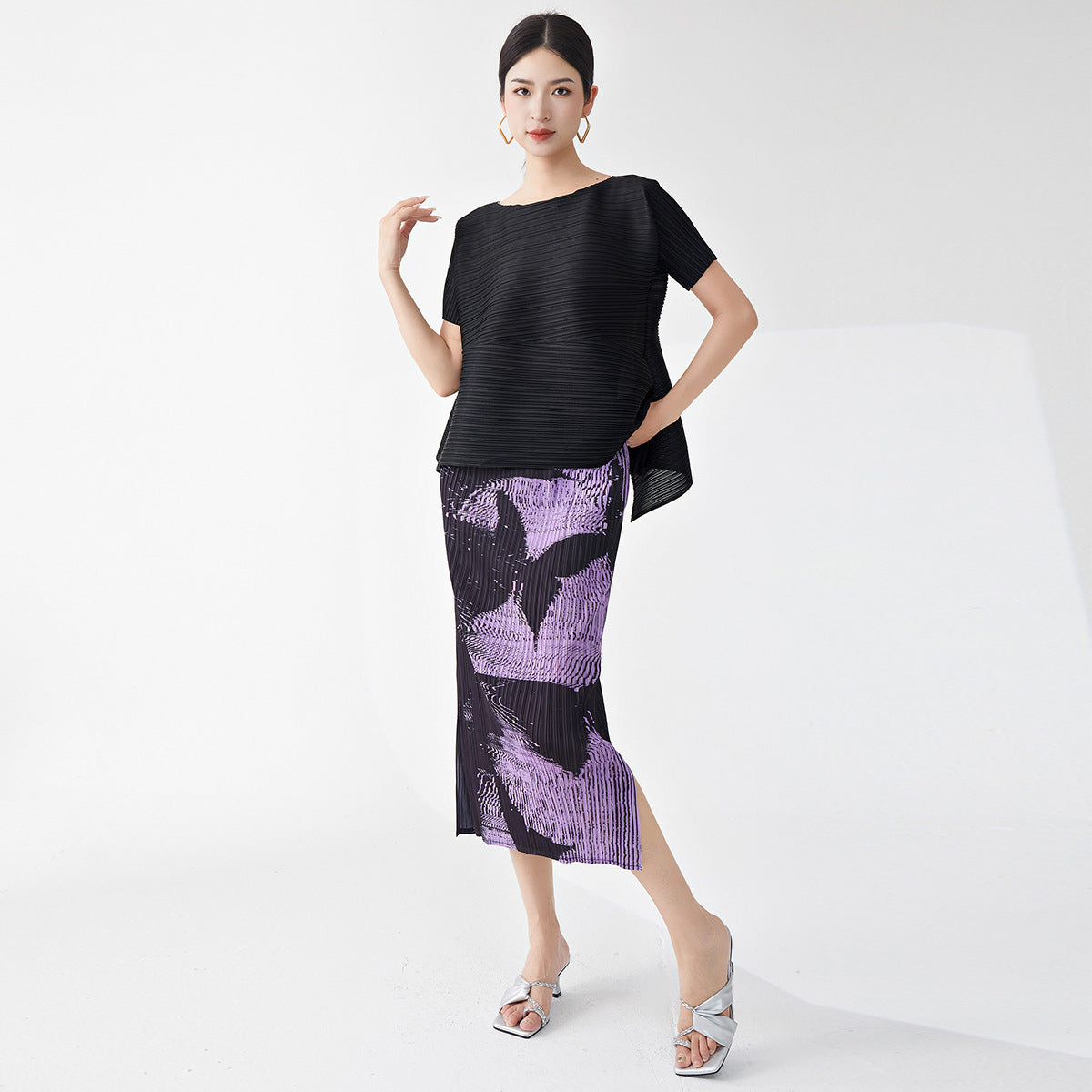 high-quality pleated skirt, high-end medium and long split summer women's one-step hip skirt, slit skirt