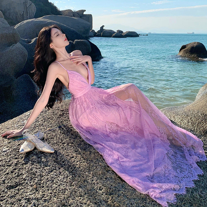 Sanya beach skirt suspender deep V-neck sexy backless lace mesh dress vacation wind elegant travel photo dress