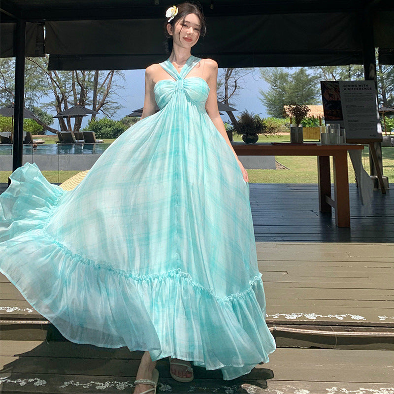 2025 Mint Mambo beautiful beach suspender dress women's summer vacation dress with chest pad elegant high-end fairy dress