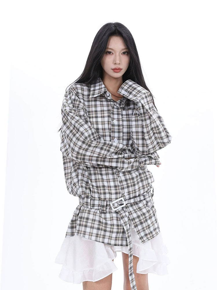 SXL2025 Spring 2025n Easy and Lazy Loose Plaid Lace-Up Shirt Women's Outer with Small Jacket Top