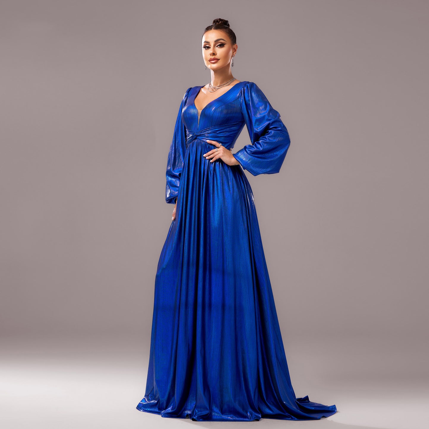 2025 new high-end long-sleeved V-neck banquet bronzing waist pendulum evening dress bridesmaid dress women