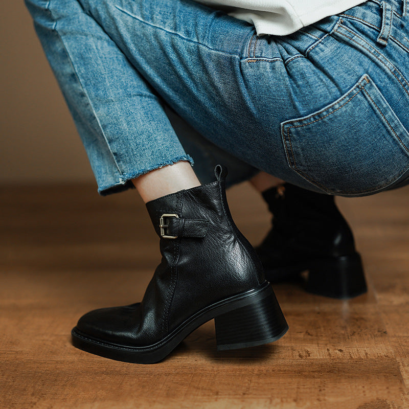 2025 retro square head medium heel thick heel belt buckle short boots femininity side zipper British retro and ankle boots