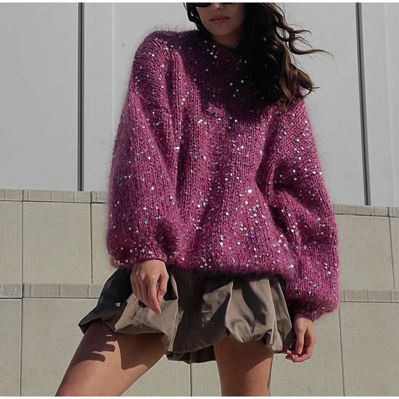 MAOXIANGSHOP 2025 Fashion sequined mohair sweater 2023 New new product loose round neck lantern sleeve pullover knitted sweater