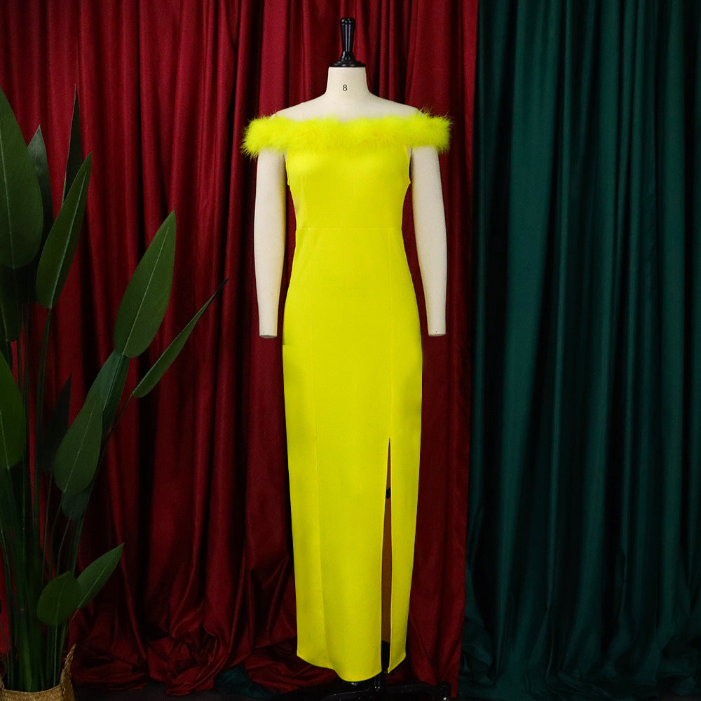 2025 D285 Cross-border Women's Clothing 2022 New 2025 Fashion Feather Banquet Evening Dress Dress Celebrity 2025 Long Dress