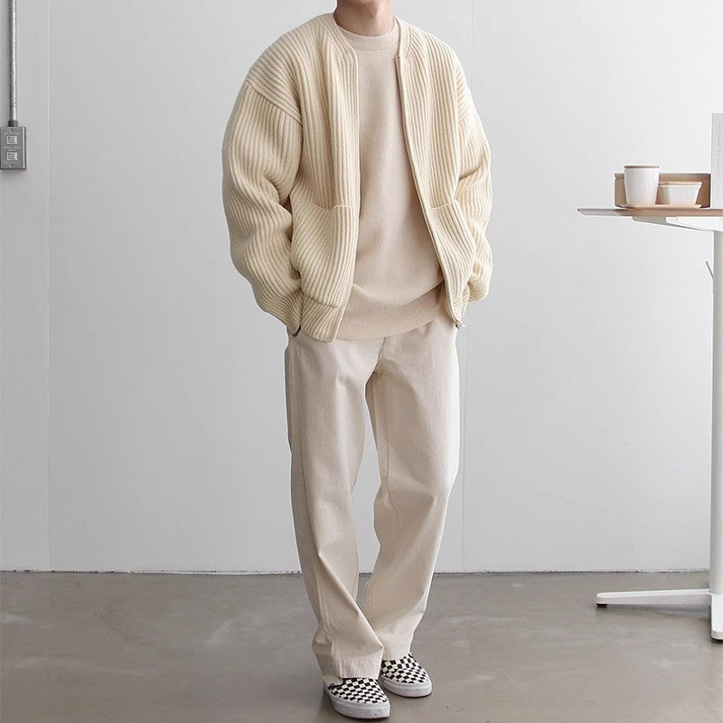 maoxiangshop-shop streetwear men outfits Solid Color round Neck Knitted Cardigan Coat Men's 2024 Autumn and Winter Fashion Youth Trendy All-Match Casual plus Size Top