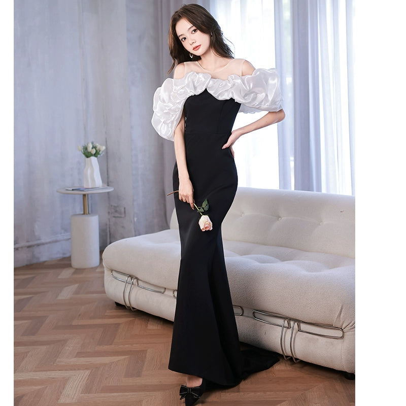 Evening dress women's banquet temperament can usually wear black high-end light luxury niche celebrity one-word shoulder trailing dress