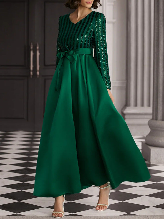 MAOXIANGSHOP popular New new sequins temperament commuting solid color mid-waist red beads host banquet dress evening dress