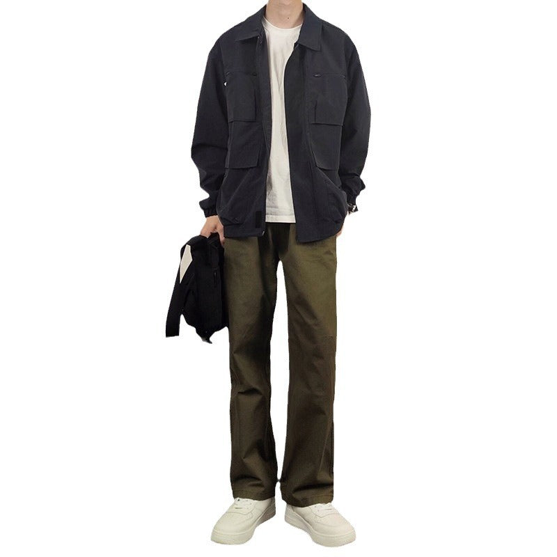 maoxiangshop-shop boy outfits Green Pu Handsome Pants Men's Spring and Autumn Japanese Retro Wide-Leg Pants Fashion Brand Straight Loose Casual Trousers