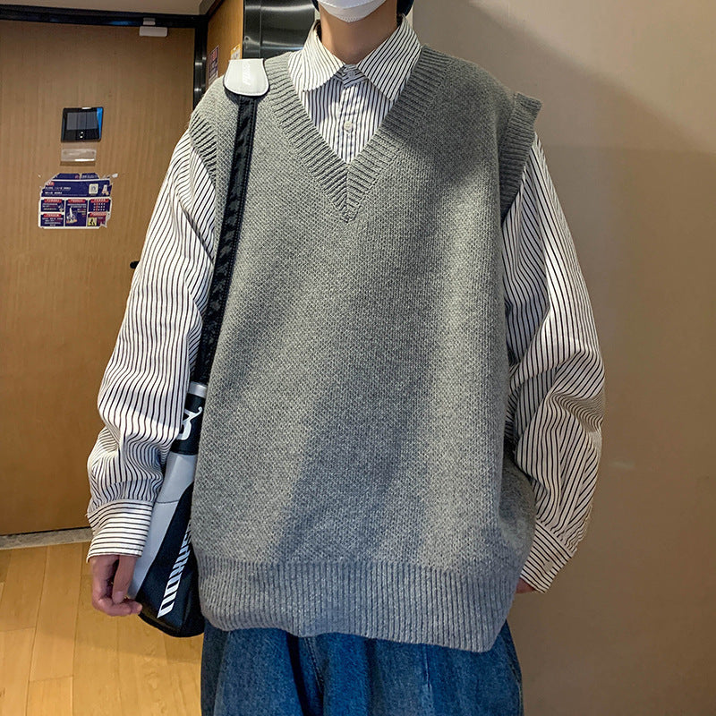 maoxiangshop-shop non binary outfits Knitted Vest Men's Autumn and Winter Ins Sweater Vest Trendy Loose Student V-neck Waistcoat Top Clothes