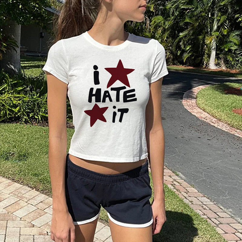 maoxiangshop country concert outfit Y2k Cool L Printed T-shirt American Retro Street Top Cute Expression Girl Slim Top