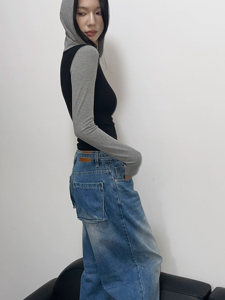 autumn black and gray contrasting colors slim-fitting hooded t-shirt polished white design jeans fashion temperament suit women
