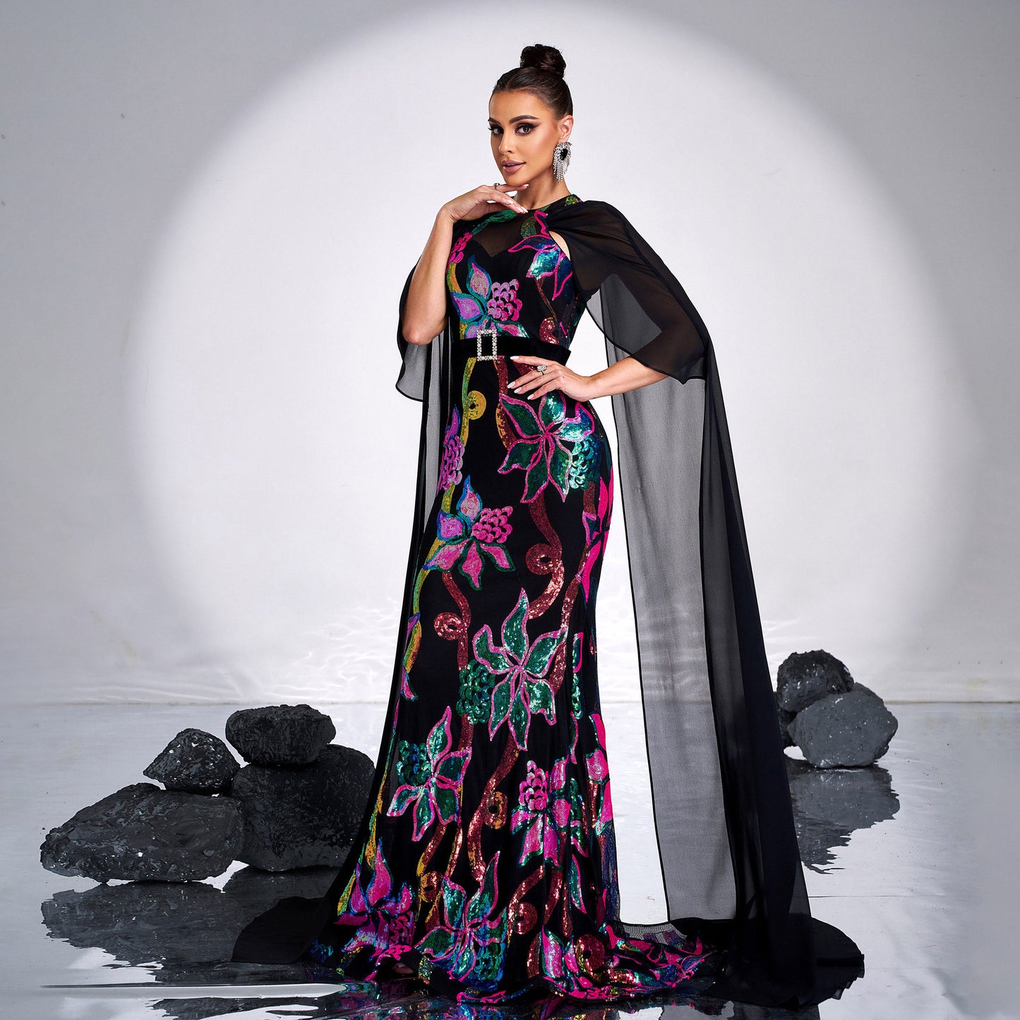 2025 women's clothing super long-sleeved crew neck sexy long sequined banquet fishtail evening dress bridesmaid dress dress