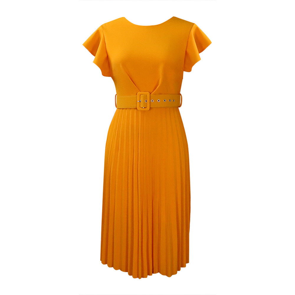 2025 D270 with belt 2022 summer independent station Popular trade lotus leaf sleeve round neck waist pleated New 2025 dress