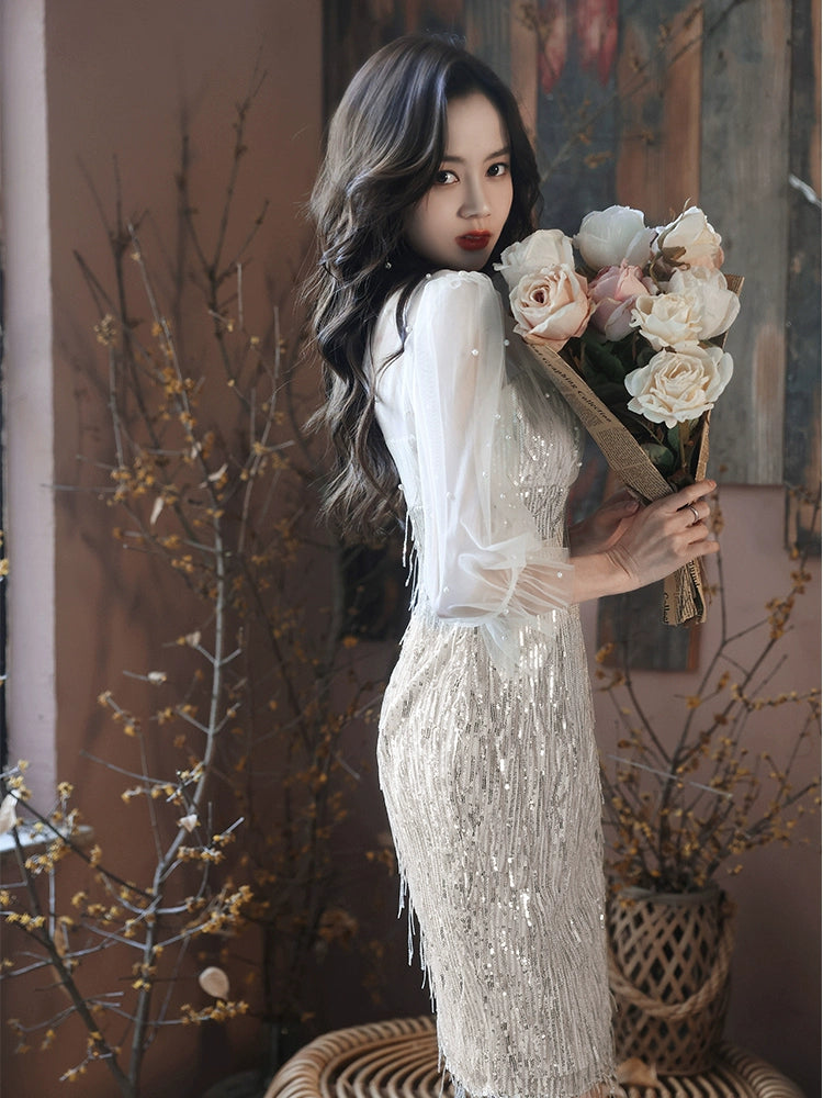 Golden small evening dress skirt women new banquet temperament small light luxury niche annual meeting sequined host