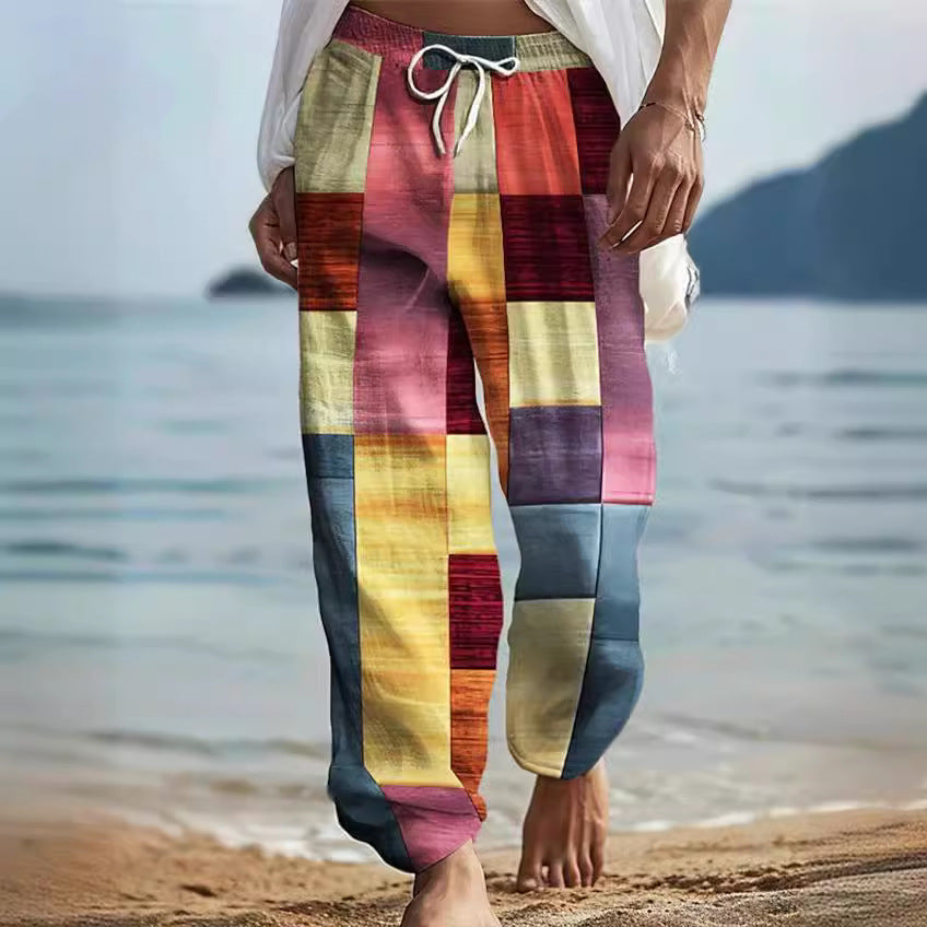 maoxiangshop fall outfits aesthetic New Men's Striped Printed Wide-Leg Pants 3D Printed Loose Casual Beach Trousers