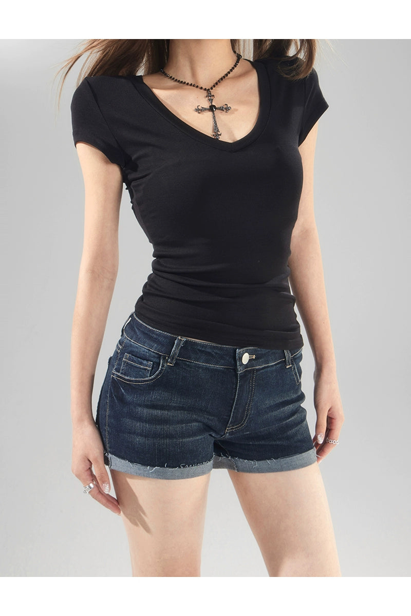 Shoulder V-Neck Short Sleeve T-Shirt Women's 2025 Summer New Slim and Skinny Solid Color Versatile Temperament Short Sleeve