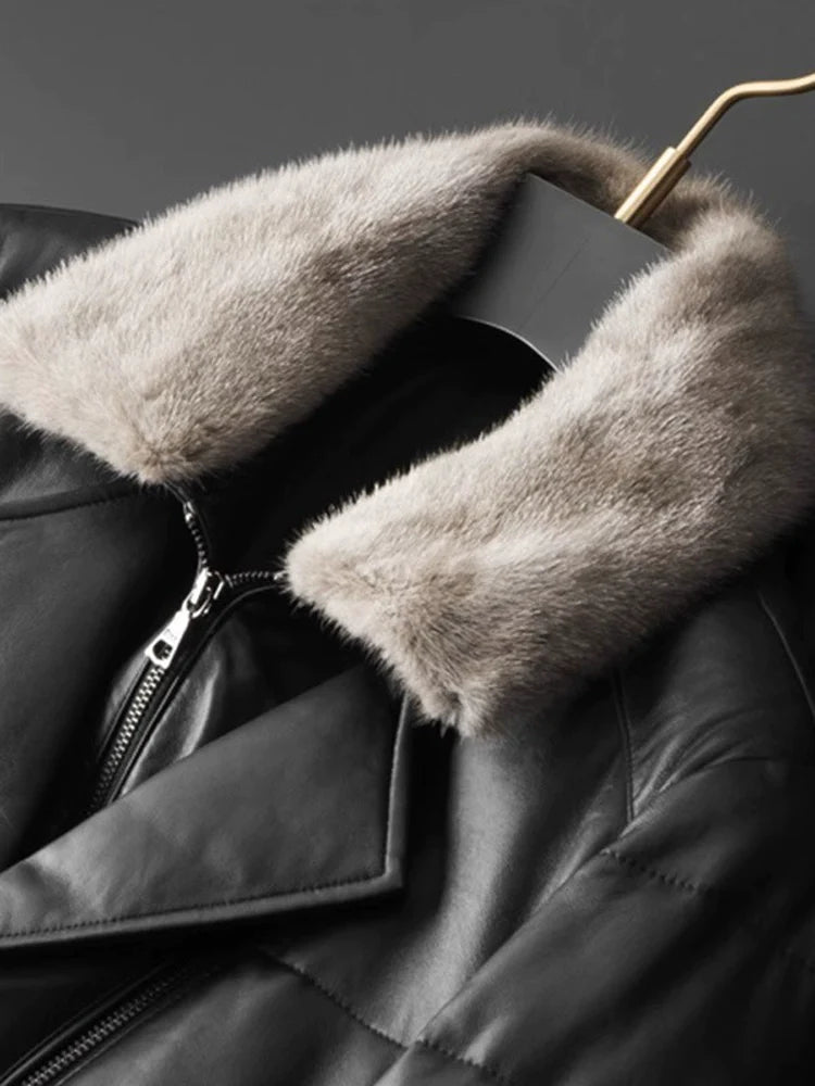 maoxiangshop Haining Fall and Winter New Arrival Men Genuine Leather down Jacket Sheepskin Outwear Mink Fur Collar Mid Length Long Length Trench Coat Leather Coat