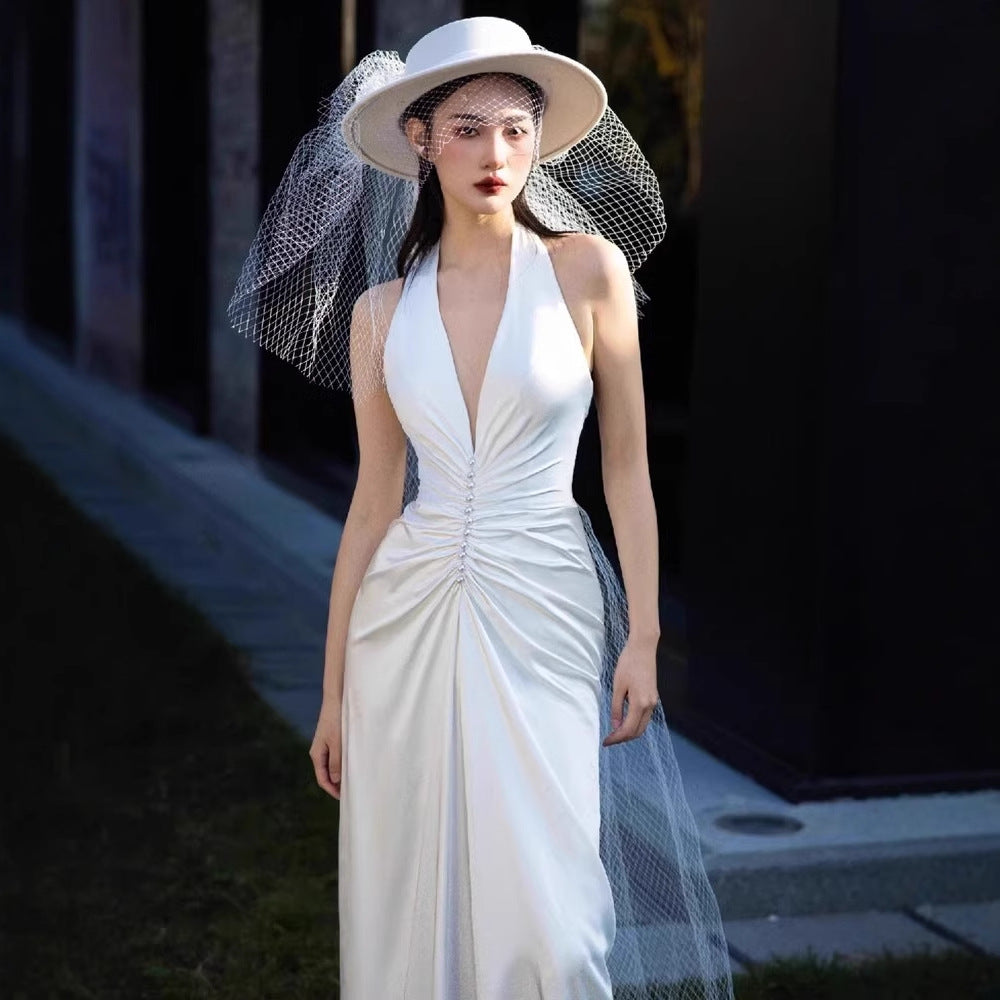 2025 light wedding dress slim bride wedding welcome v-neck sexy travel photography simple annual meeting dinner neck dress