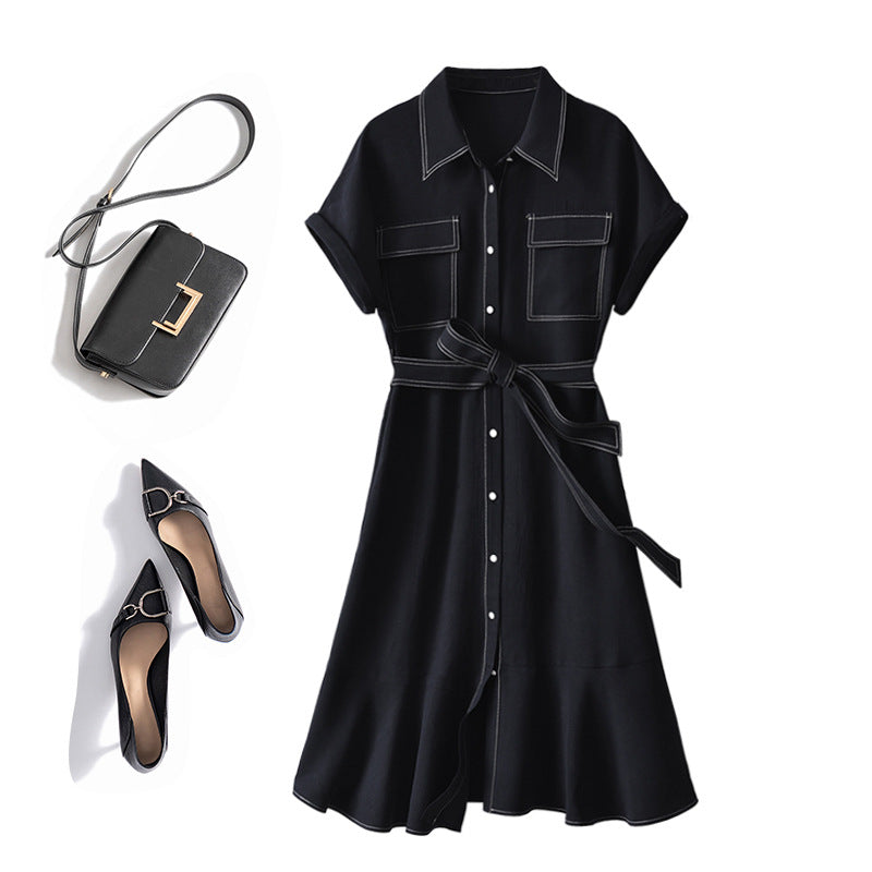 2025 Bright line tooling skirt, Lyocell linen dress temperament women's clothing summer new short-sleeved medium and long models