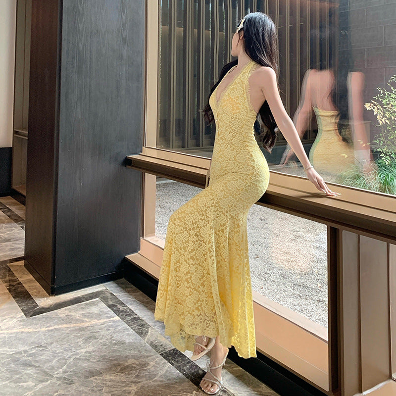 temperament neck lace dress women's 2025 spring and summer new seaside vacation style waist and thin skirt