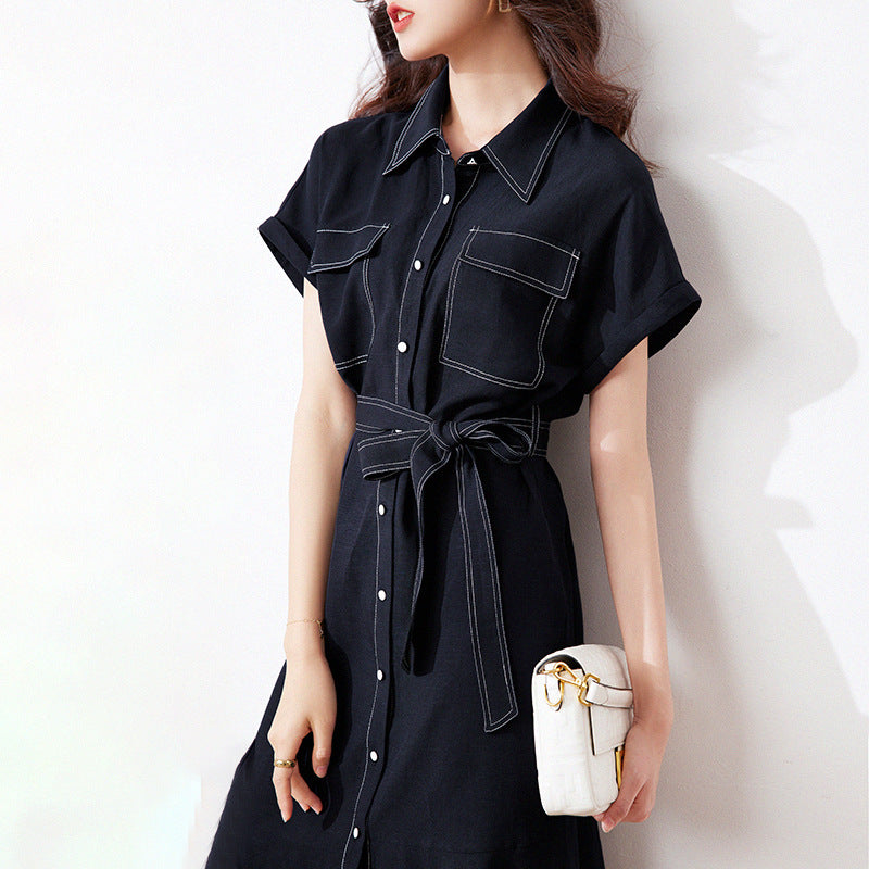 2025 Bright line tooling skirt, Lyocell linen dress temperament women's clothing summer new short-sleeved medium and long models