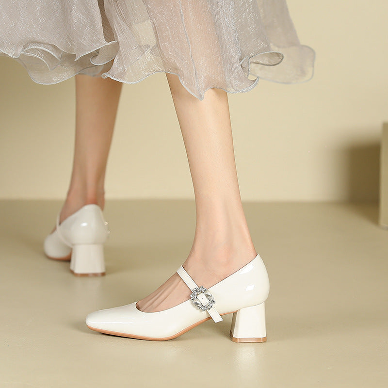 2025 5299-A6 one-word bag head thick heel single shoes women's square head rhinestone high heels student dress professional commuting women's shoes