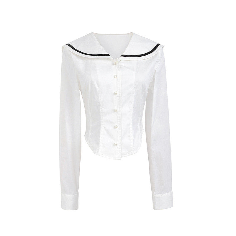 maoxiangshop pirates vs sailors drees to impress French Preppy Style Navy Collar Slim Shirt New Women's Autumn Niche Waist Irregular Hem Top