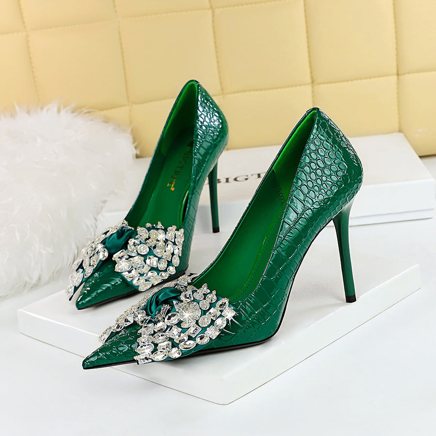 2025 3391-H9 Korean version of fashion banquet high heels thin heel super high heel shallow mouth pointed rhinestone bow single shoes women