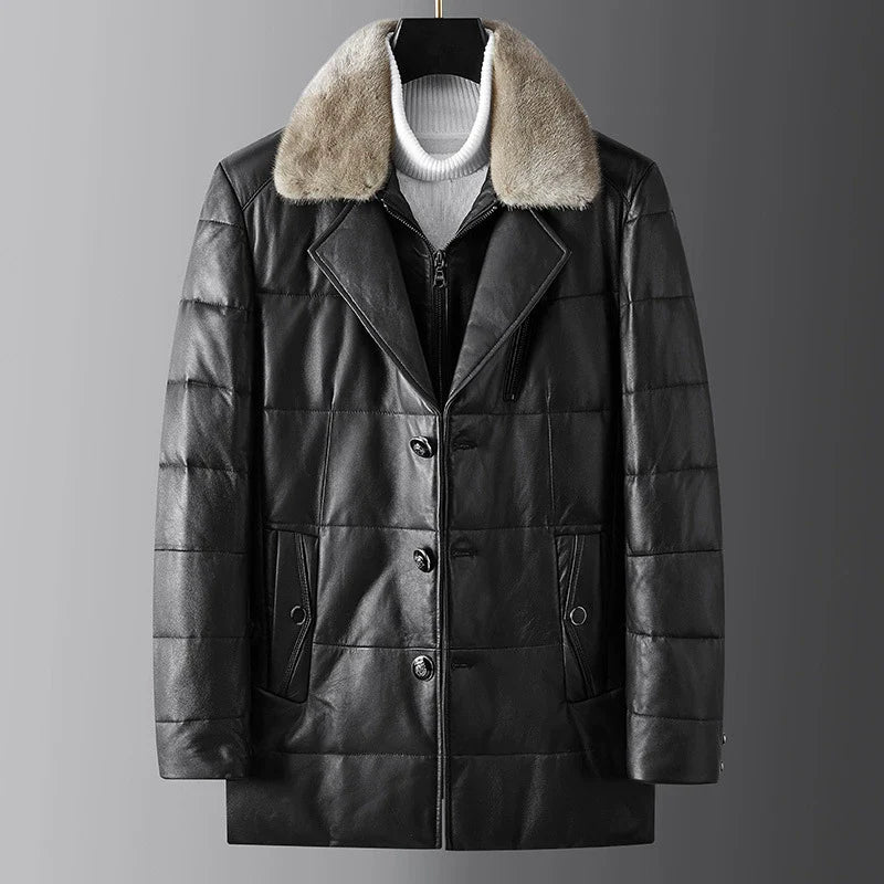 maoxiangshop Haining Fall and Winter New Arrival Men Genuine Leather down Jacket Sheepskin Outwear Mink Fur Collar Mid Length Long Length Trench Coat Leather Coat