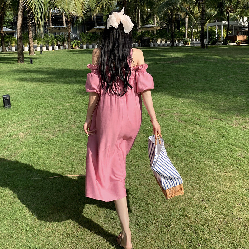 2025 2025 new Sanya seaside vacation one-word shoulder sexy backless neck dress women's summer Thai beach dress