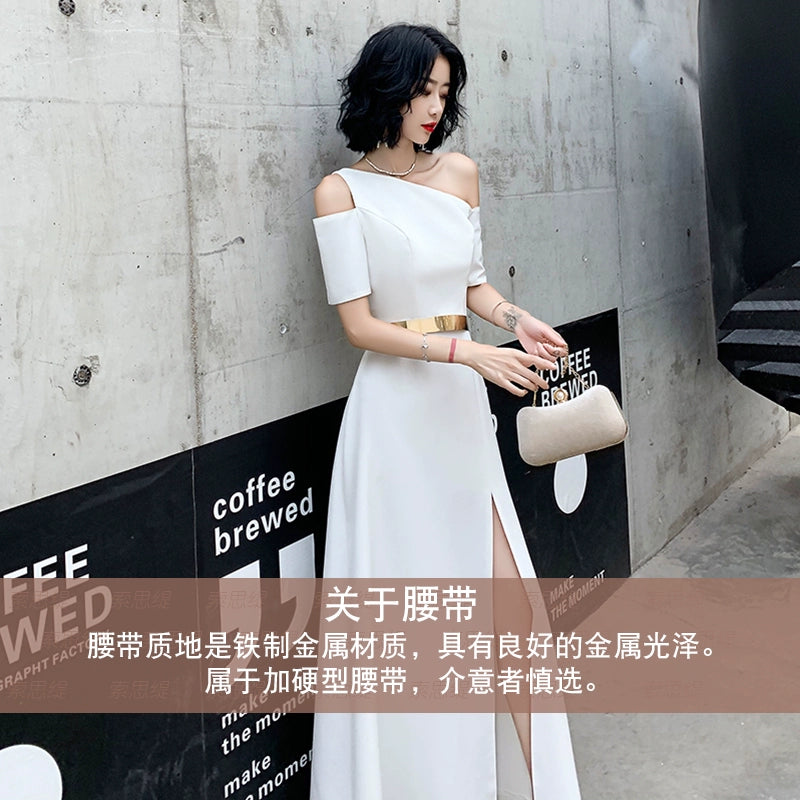 Black one-shoulder evening dress dress women can usually wear banquet temperament long noble aura queen birthday dress