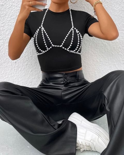 F4870Y 2025 vest sexy versatile pearl chain splicing neck halter top chest wrap small vest body chain