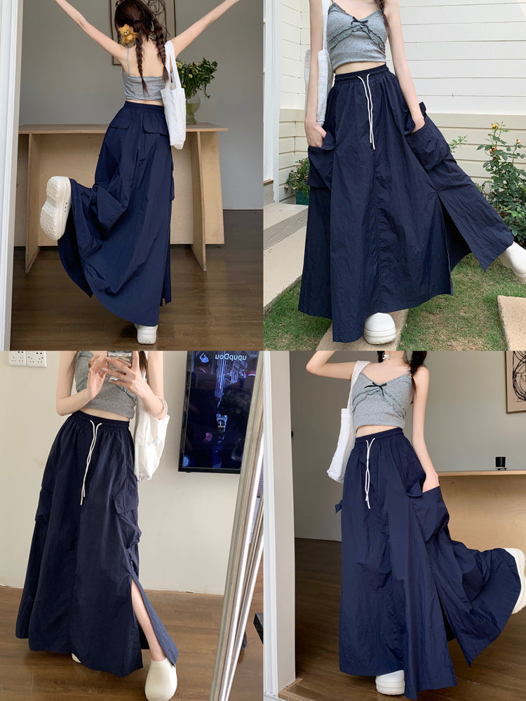 maoxiangshop 90s fashion 2024 Gentle Style Blue Drawstring Skirt Women's Early Autumn Lazy Slimming A- line Skirt Long Skirt