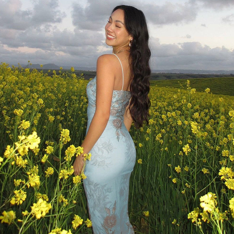 women's clothing summer new blue suspenders island style retro tie-dye hot girl sexy print dress